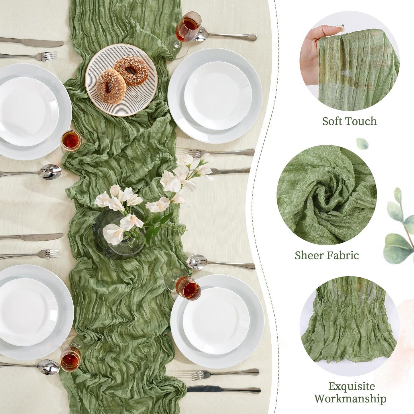 Sage Green Cheesecloth Table Runner 10FT Long Boho Gauze Table Runner Rustic Sheer Runner for Wedding Bridal Baby Shower Birthday Party Table Decor Thanksgiving Christmas Decorations