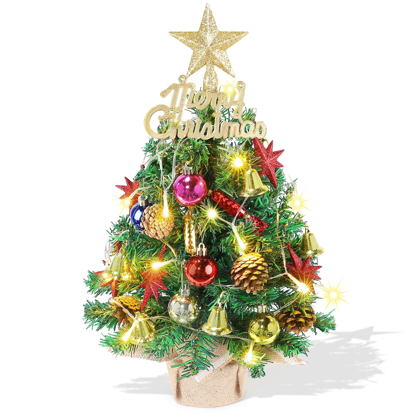 Tabletop Christmas Tree 22 Inch Mini Artificial Christmas Tree with 30 LED String Lights, Star Tree, Tabletop Small Xmas Tree for Holiday Indoor DIY Christmas Decor