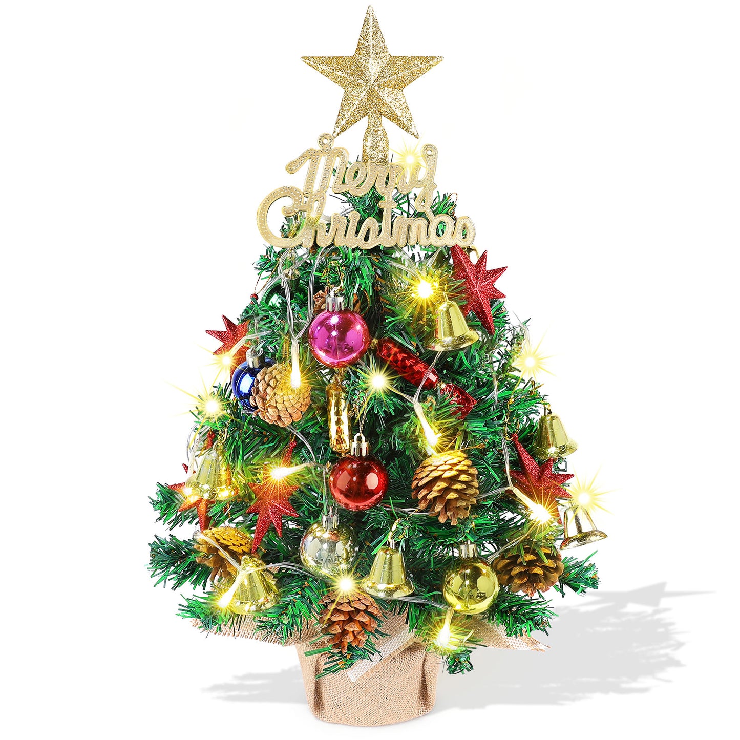 Tabletop Christmas Tree 22 Inch Mini Artificial Christmas Tree with 30 LED String Lights, Star Tree, Tabletop Small Xmas Tree for Holiday Indoor DIY Christmas Decor