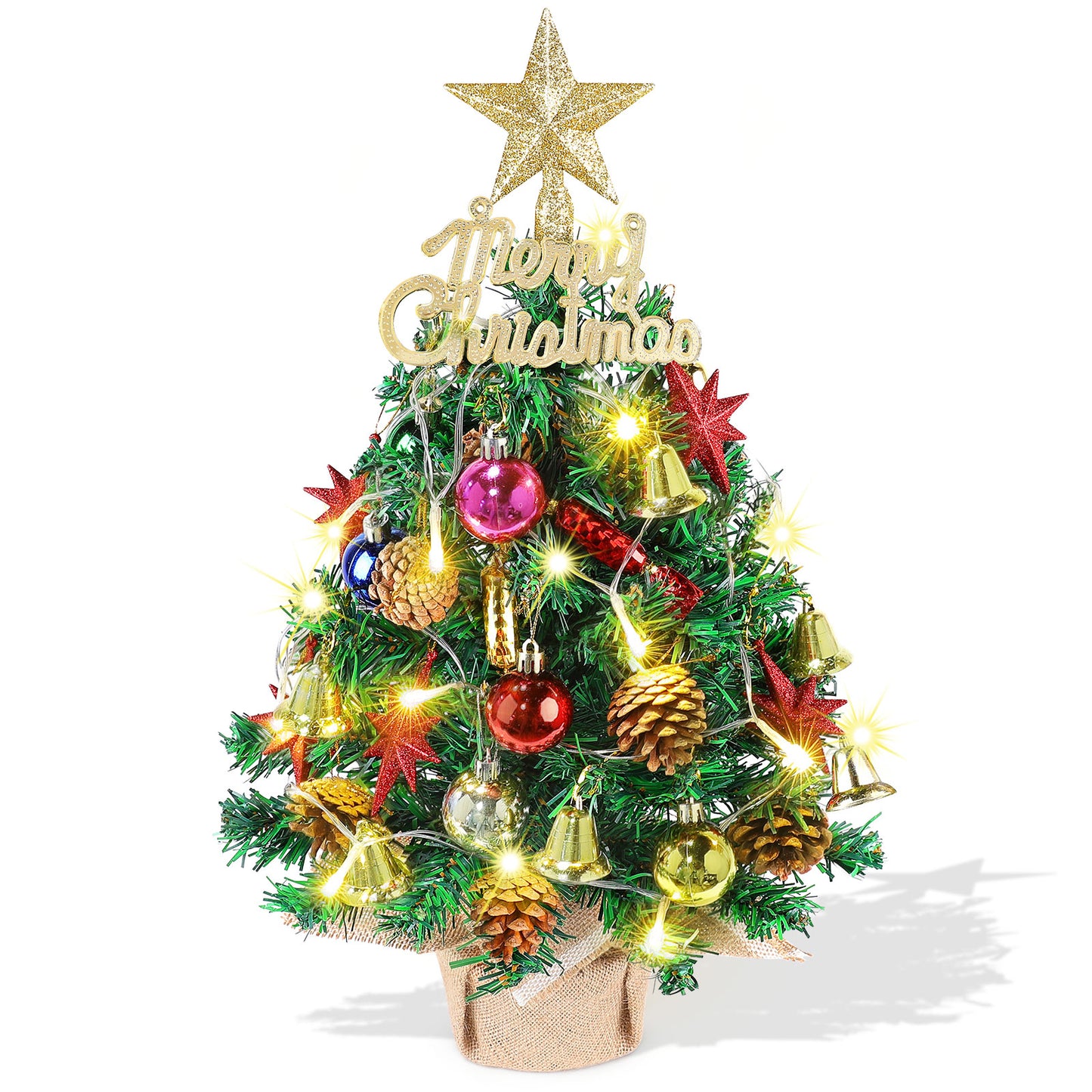 Tabletop Christmas Tree 22 Inch Mini Artificial Christmas Tree with 30 LED String Lights, Star Tree, Tabletop Small Xmas Tree for Holiday Indoor DIY Christmas Decor