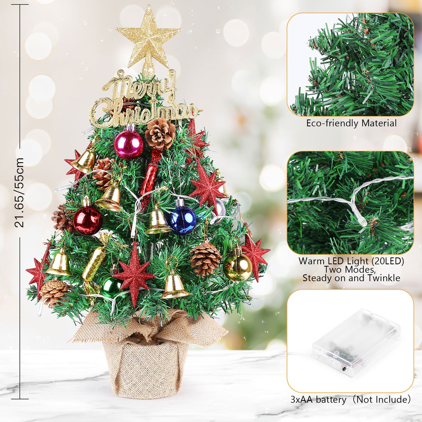 Tabletop Christmas Tree 22 Inch Mini Artificial Christmas Tree with 30 LED String Lights, Star Tree, Tabletop Small Xmas Tree for Holiday Indoor DIY Christmas Decor