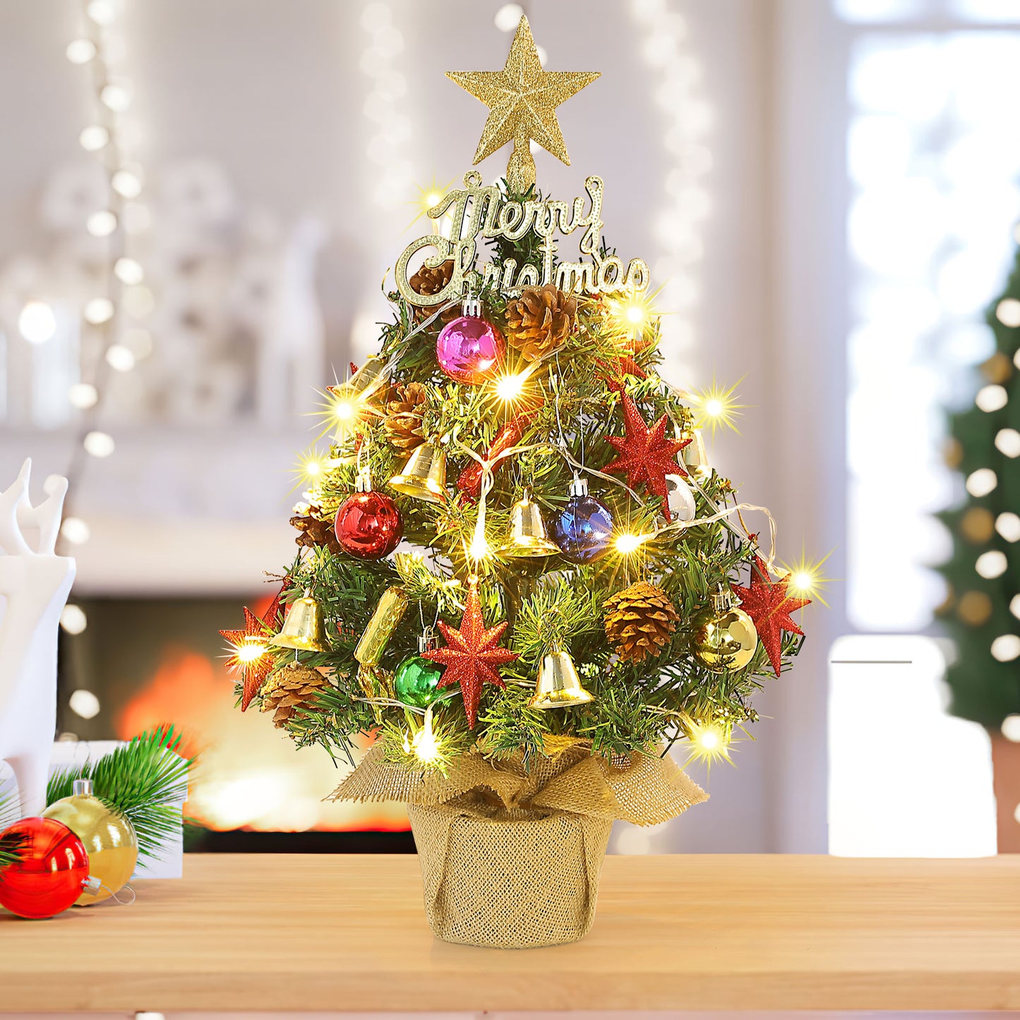 Tabletop Christmas Tree 22 Inch Mini Artificial Christmas Tree with 30 LED String Lights, Star Tree, Tabletop Small Xmas Tree for Holiday Indoor DIY Christmas Decor