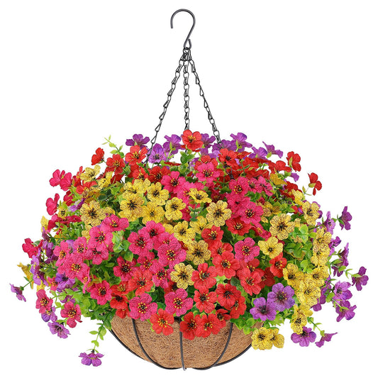 Artificial Hanging Flowers with Baskets for Outdoors,UV Resistant Fake Hanging Plants for Outdoor Porch Patio Garden, Realistic Silk Flowers for Spring Summer Home Decor