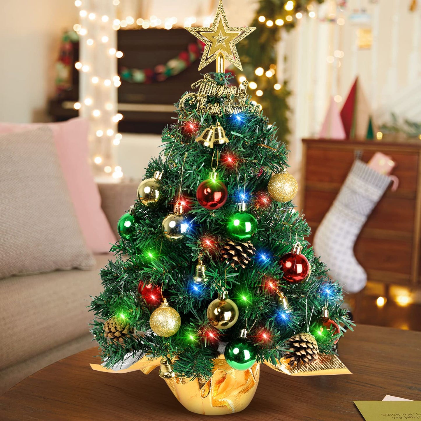 Tabletop Christmas Tree 22 Inch Mini Artificial Christmas Tree with 30 LED String Lights, Star Tree, Tabletop Small Xmas Tree for Holiday Indoor DIY Christmas Decor